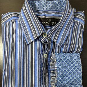 Bugatchi Uomo Mens Blue/Gray Striped Long Sleeve